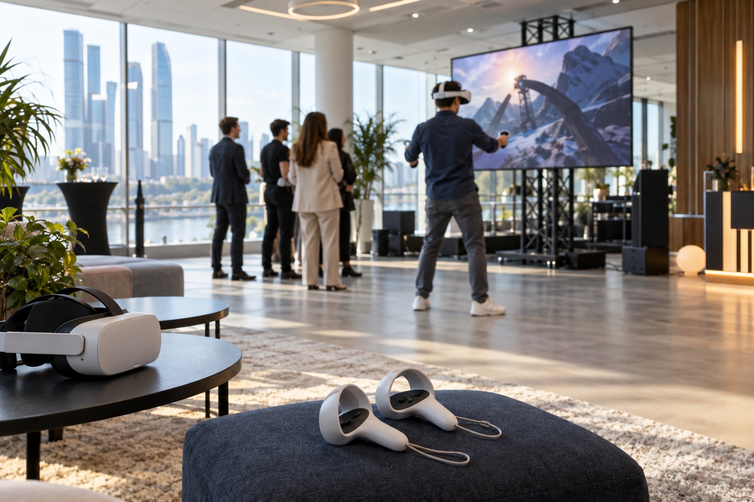 сотрудник в VR-шлеме играет в интерактивную игру в зоне развлечений на корпоративе